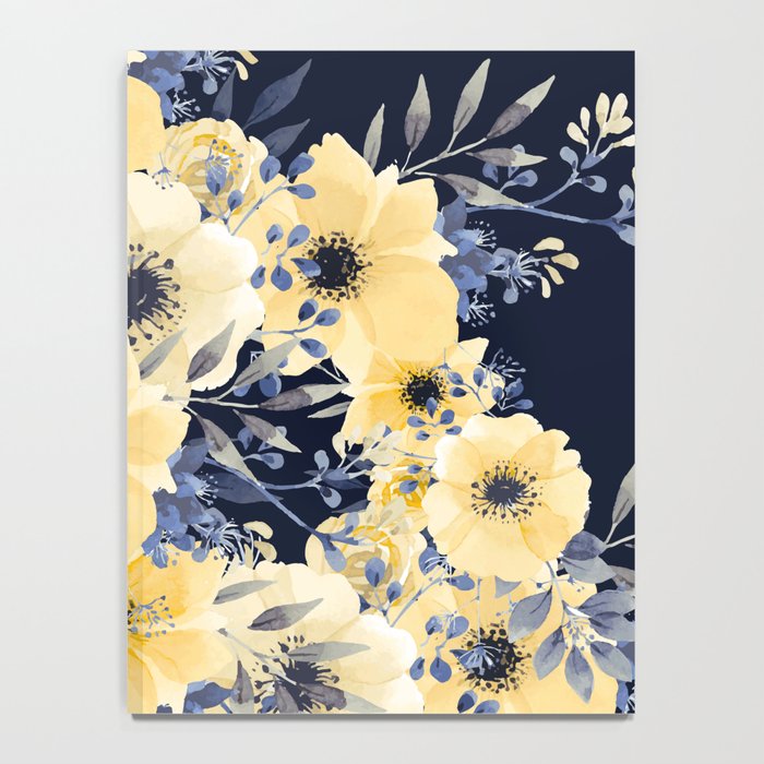 Floral Watercolor Print, Yellow and Navy Blue Notebook Gallery Image 4