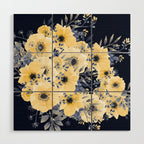 Floral Watercolor Print, Yellow and Navy Blue Wood Wall Art Gallery Image 1