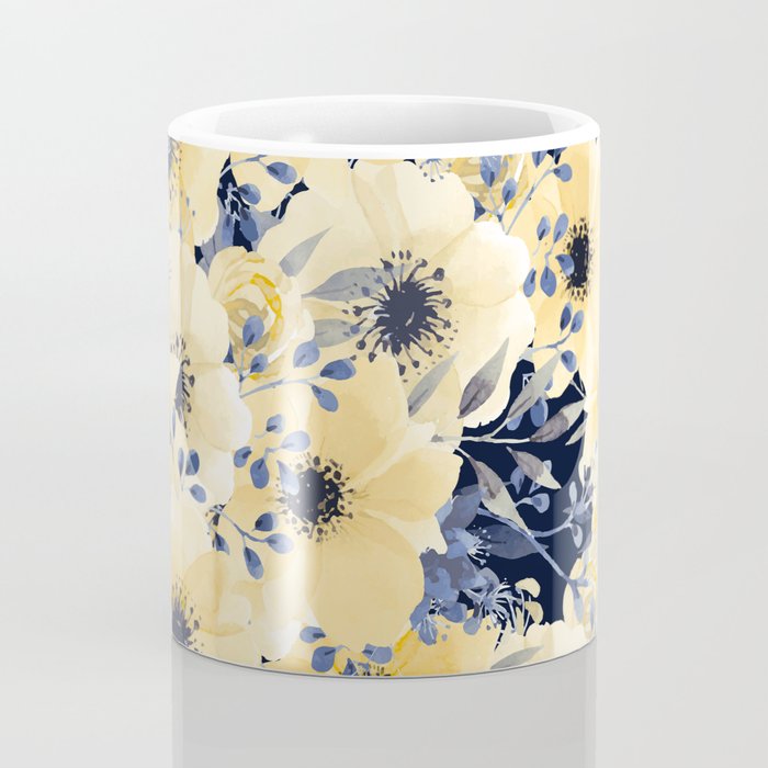 Floral Watercolor Print, Yellow and Navy Blue Coffee Mug Gallery Image 4