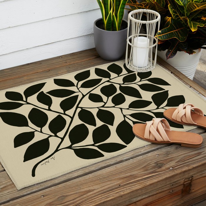 leaves black and white Outdoor Rug Gallery Image 2