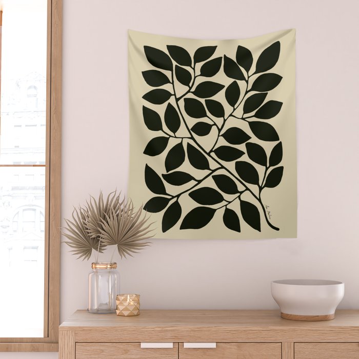 leaves black and white Wall Tapestry Gallery Image 2