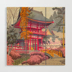 Japanese Woodblock Print Vintage Bright East Asian Red Pagoda Spring Garden Wood Wall Art Gallery Image 1