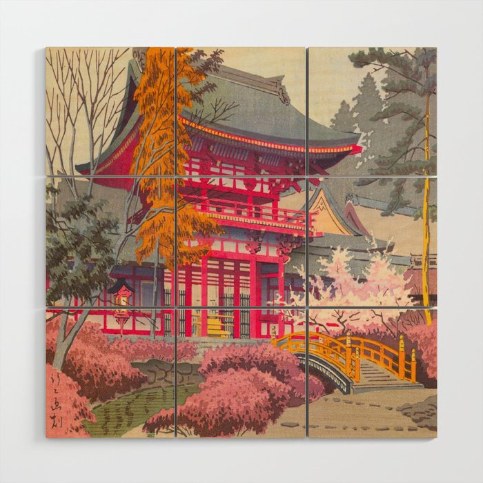 Japanese Woodblock Print Vintage Bright East Asian Red Pagoda Spring Garden Wood Wall Art Gallery Image 1
