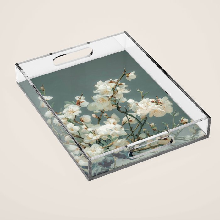 Cherry Blossom Painting Japanese Wall Art Floral Print Wabi Sabi Art Sage Green Poster japandi Art Acrylic Tray Gallery Image 1
