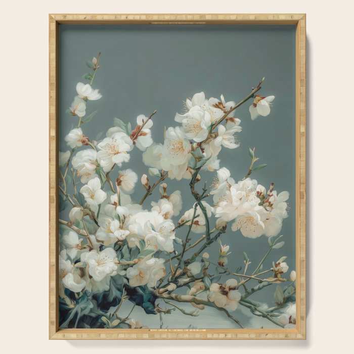 Cherry Blossom Painting Japanese Wall Art Floral Print Wabi Sabi Art Sage Green Poster japandi Art Serving Tray Gallery Image 1