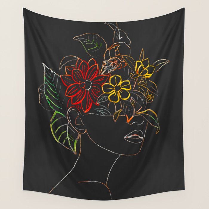 woman with flowers 8 Line Art Wall Tapestry Gallery Image 4