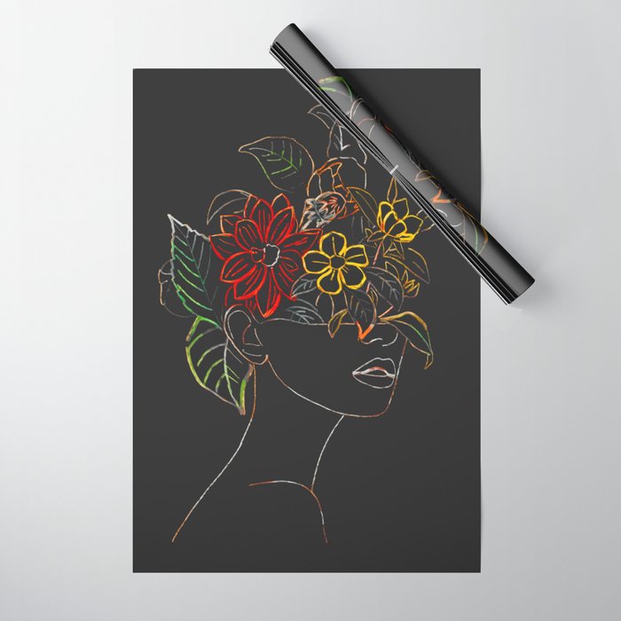 woman with flowers 8 Line Art Wrapping Paper Gallery Image 1