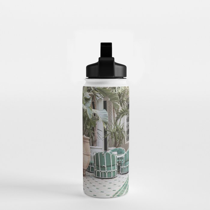 Moroccan Riad In Marrakech Photo | Arabic Interior Design Art Print | Green Tropical Travel Photography Water Bottle Gallery Image 2