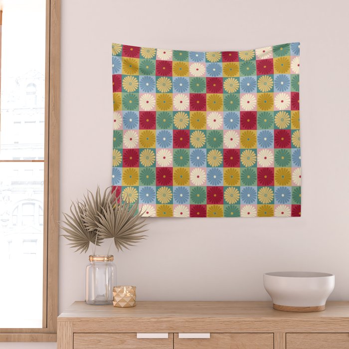 Retro Flowers Check Pattern XX Wall Tapestry Gallery Image 2