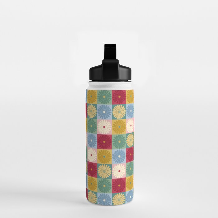 Retro Flowers Check Pattern XX Water Bottle Gallery Image 2