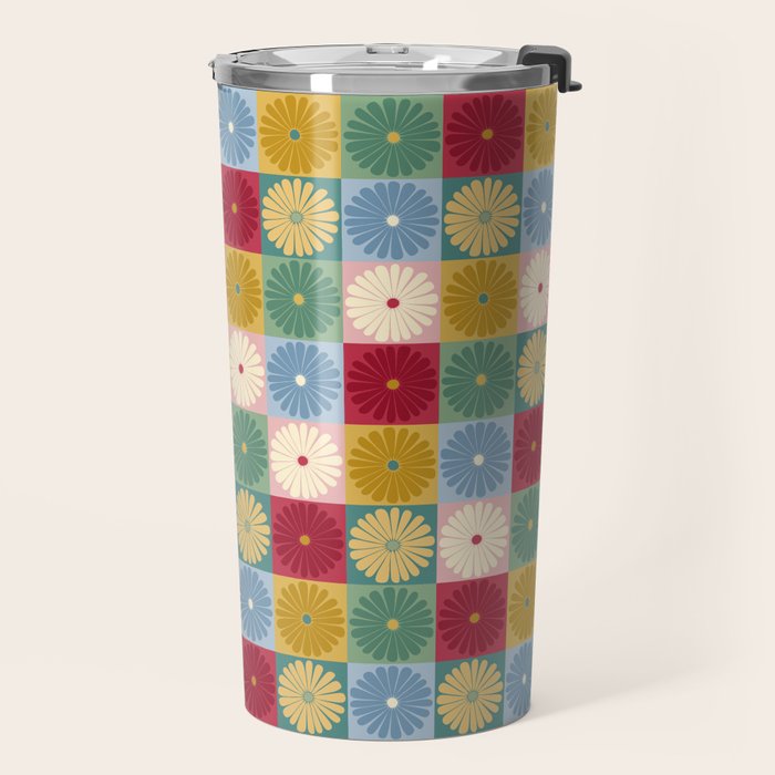 Retro Flowers Check Pattern XX Travel Mug Gallery Image 2