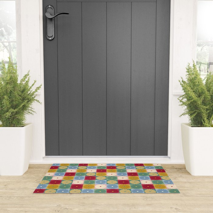 Retro Flowers Check Pattern XX Welcome Mat Gallery Image 3
