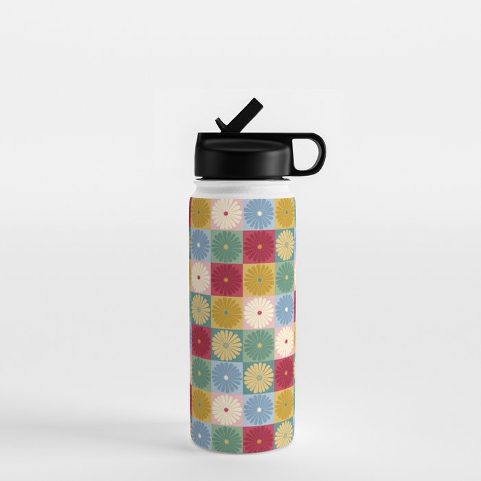 Retro Flowers Check Pattern XX Water Bottle Gallery Image 1