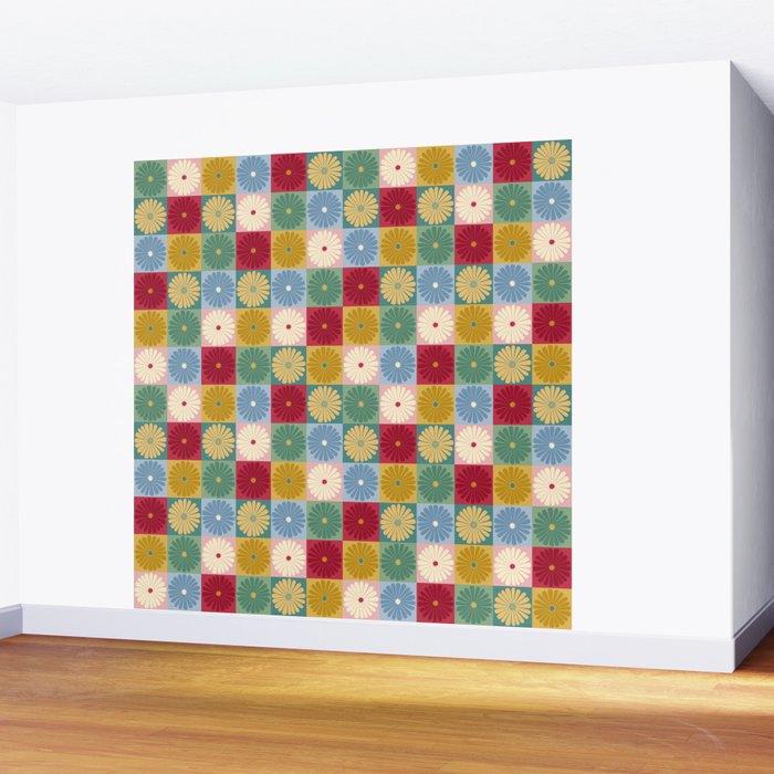 Retro Flowers Check Pattern XX Wall Mural Gallery Image 2