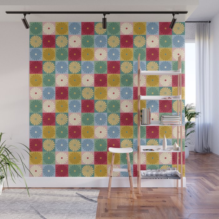 Retro Flowers Check Pattern XX Wall Mural Gallery Image 1
