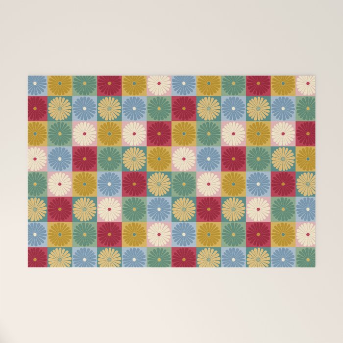 Retro Flowers Check Pattern XX Welcome Mat Gallery Image 1