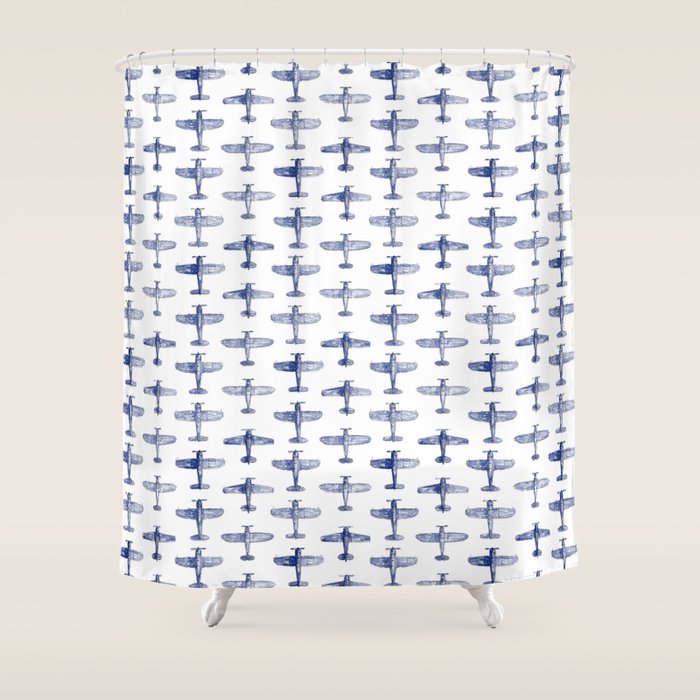 Blue Watercolor Airplanes Shower Curtain Gallery Image 1