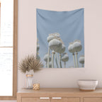 Nostalgic midtones poppy bulbs in a blue sky - retro style nature photography Wall Tapestry Gallery Image 2