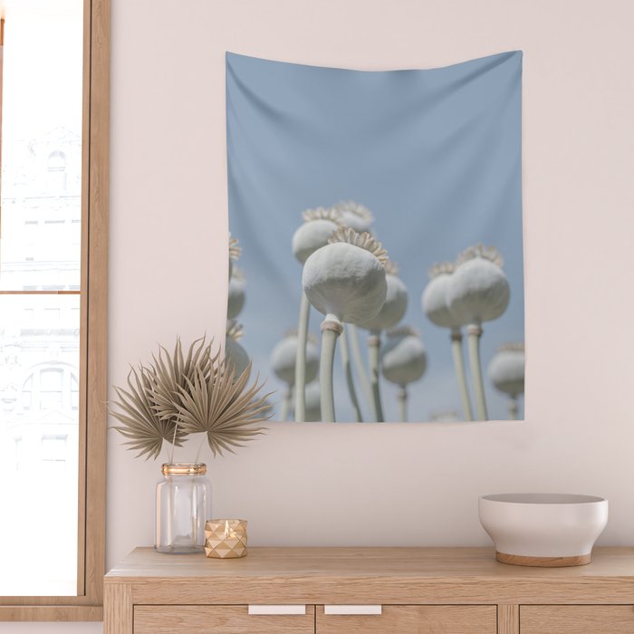 Nostalgic midtones poppy bulbs in a blue sky - retro style nature photography Wall Tapestry Gallery Image 2