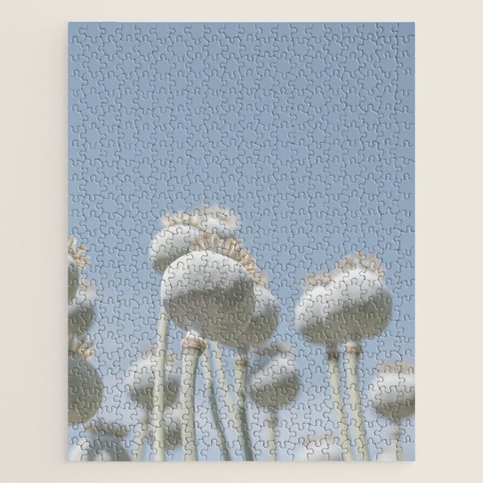 Nostalgic midtones poppy bulbs in a blue sky - retro style nature photography Jigsaw Puzzle Gallery Image 1