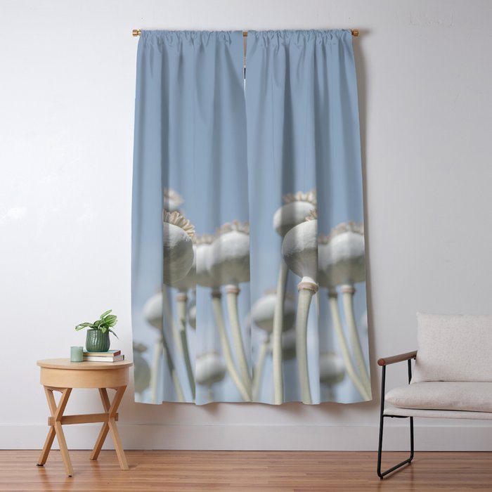 Nostalgic midtones poppy bulbs in a blue sky - retro style nature photography Window Curtain Gallery Image 1