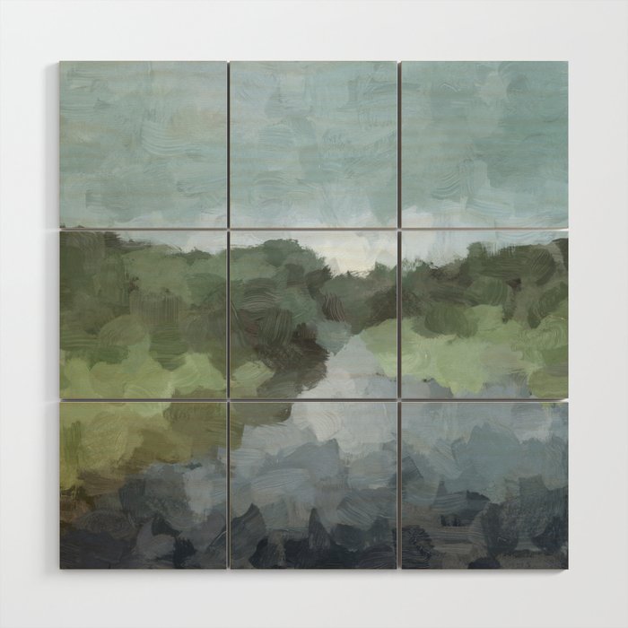 Trail at Dusk - Seafoam Skies Forest Green Navy Indigo River Abstract Nature Painting Art Print Wood Wall Art Gallery Image 1