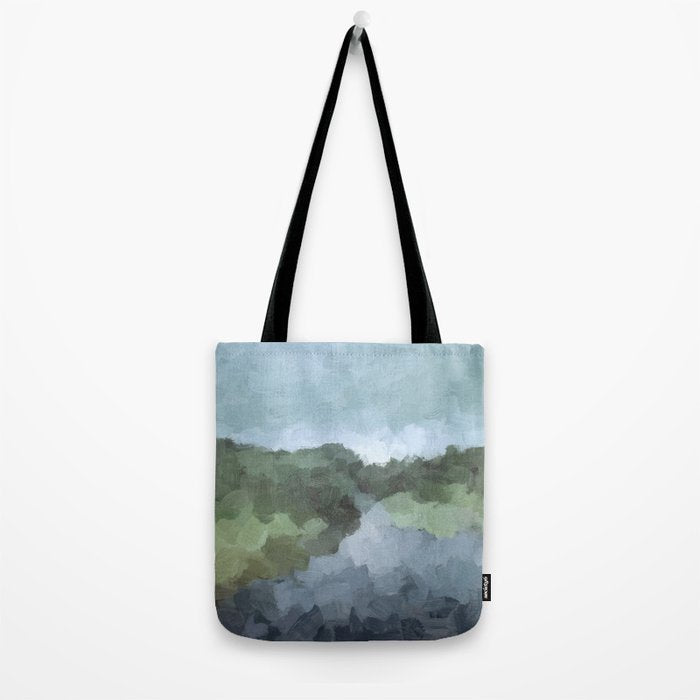 Trail at Dusk - Seafoam Skies Forest Green Navy Indigo River Abstract Nature Painting Art Print Tote Bag Gallery Image 2
