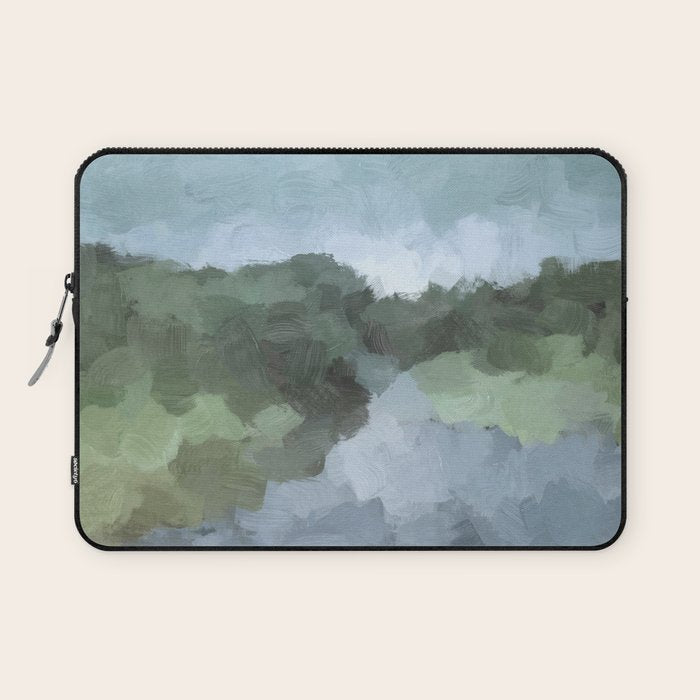 Trail at Dusk - Seafoam Skies Forest Green Navy Indigo River Abstract Nature Painting Art Print Laptop Sleeve Gallery Image 1