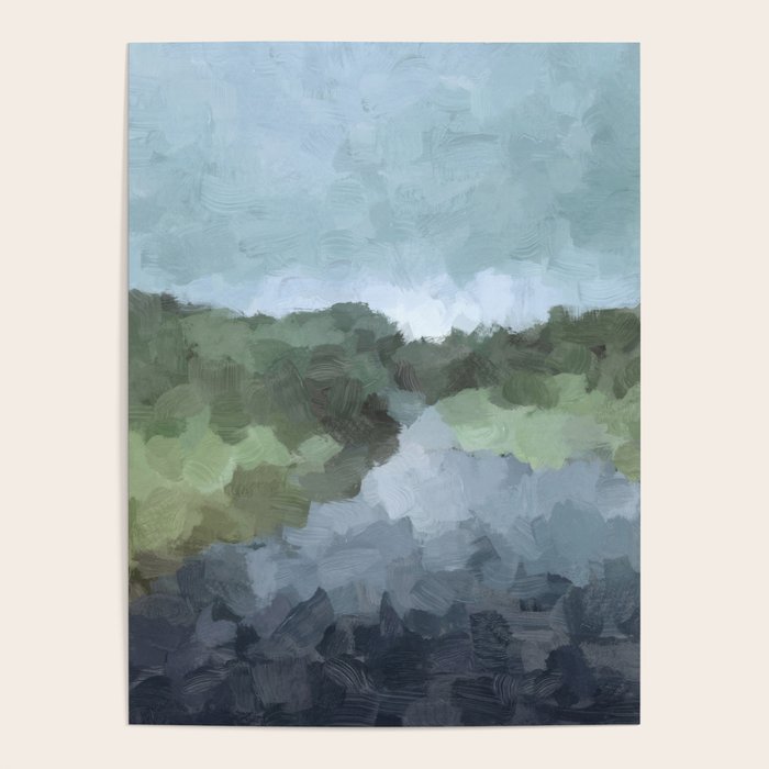 Trail at Dusk - Seafoam Skies Forest Green Navy Indigo River Abstract Nature Painting Art Print Poster Gallery Image 4