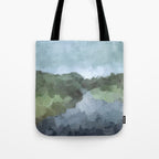 Trail at Dusk - Seafoam Skies Forest Green Navy Indigo River Abstract Nature Painting Art Print Tote Bag Gallery Image 1