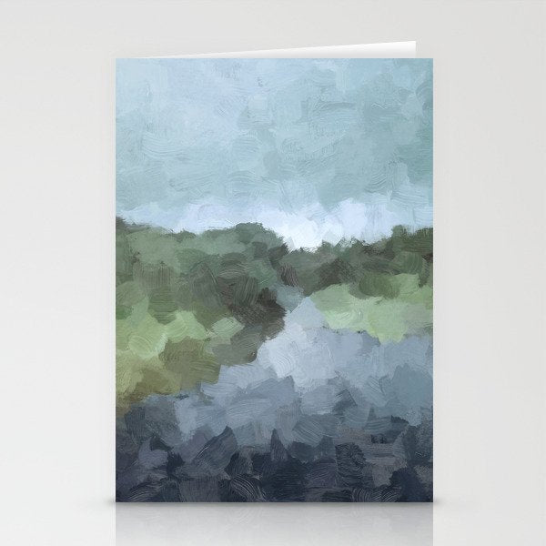 Trail at Dusk - Seafoam Skies Forest Green Navy Indigo River Abstract Nature Painting Art Print Stationery Card Gallery Image 1