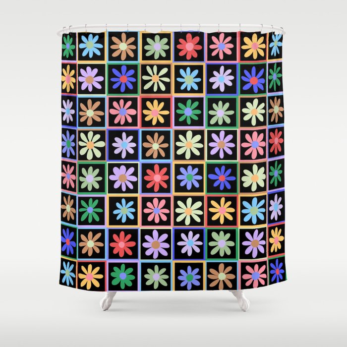 Checkered Flowers in Black  Shower Curtain Gallery Image 1