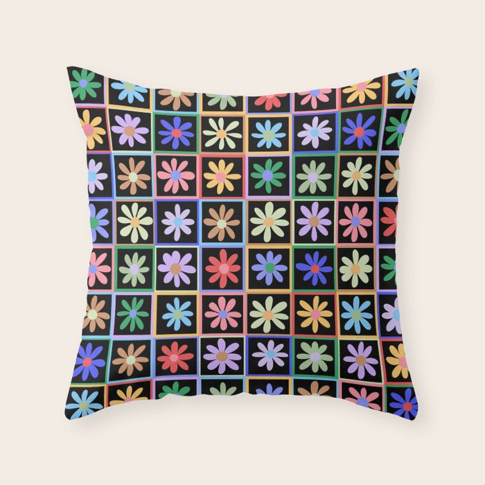 Checkered Flowers in Black  Throw Pillow Gallery Image 6
