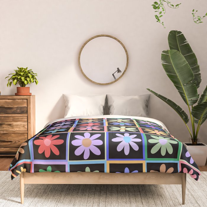 Checkered Flowers in Black  Comforter Gallery Image 3