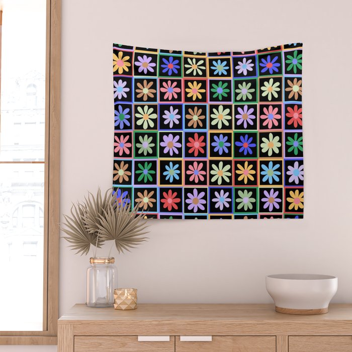Checkered Flowers in Black  Wall Tapestry Gallery Image 2
