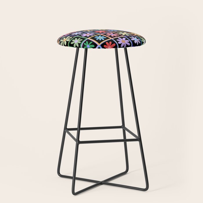 Checkered Flowers in Black  Stool Gallery Image 1