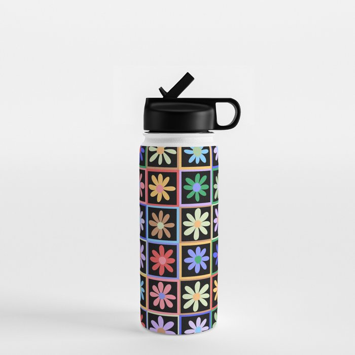 Checkered Flowers in Black  Water Bottle Gallery Image 1