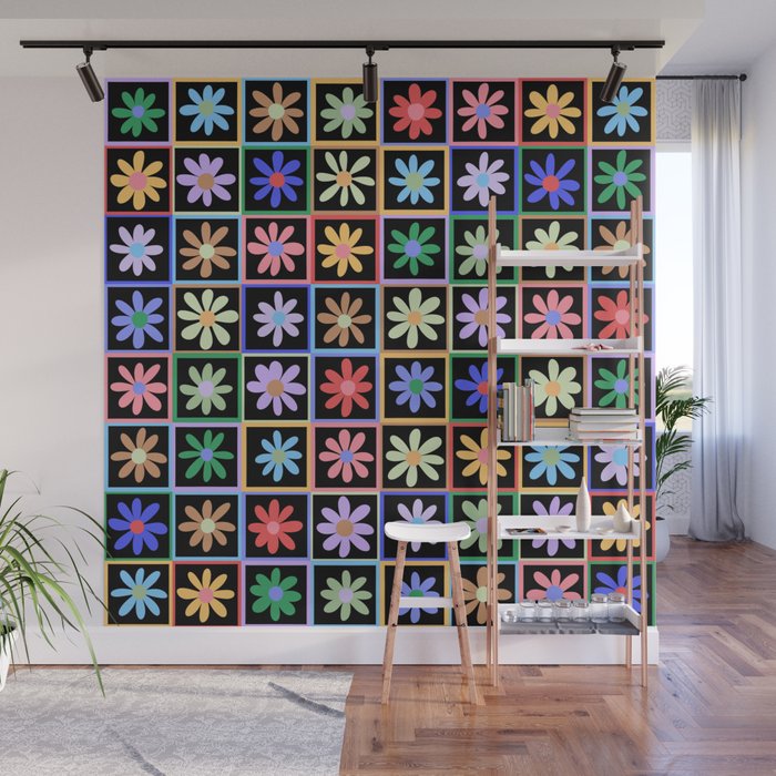 Checkered Flowers in Black  Wall Mural Gallery Image 1
