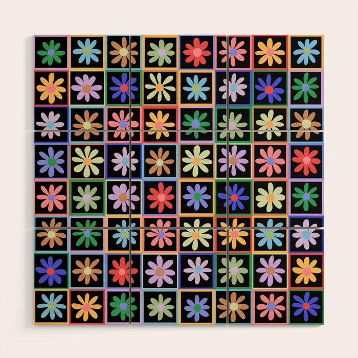 Checkered Flowers in Black  Wood Wall Art Gallery Image 1