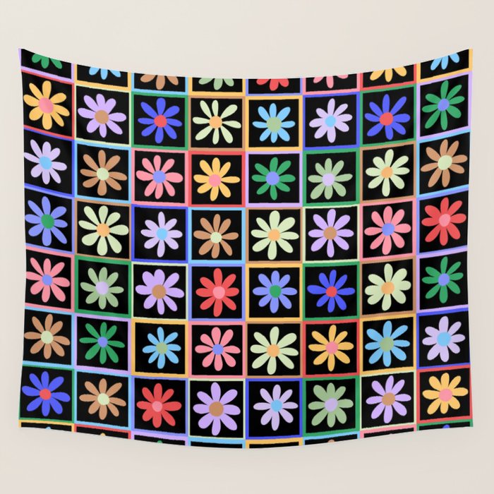 Checkered Flowers in Black  Wall Tapestry Gallery Image 4