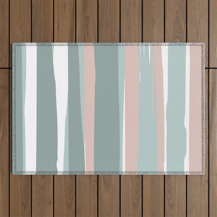 Festive, Abstract, Stripes Pattern, Pink, Green, White Outdoor Rug Gallery Image 1