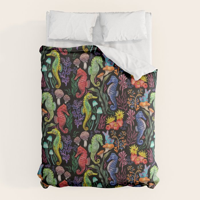 Undersea seahorsesï¼mushrooms and corals- black Duvet Cover Gallery Image 1