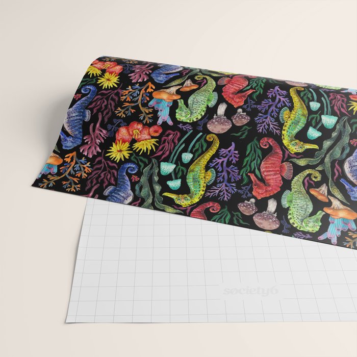 Undersea seahorsesï¼mushrooms and corals- black Wrapping Paper Gallery Image 2
