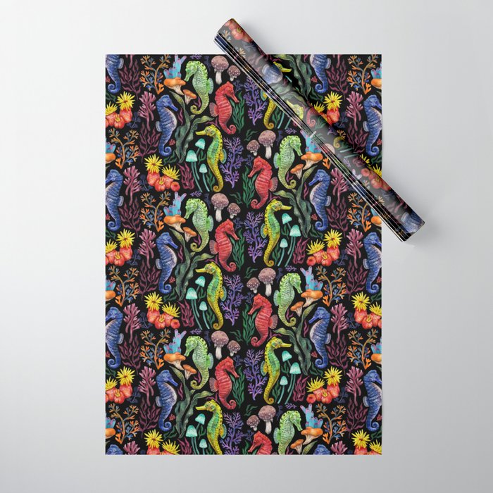 Undersea seahorsesï¼mushrooms and corals- black Wrapping Paper Gallery Image 1