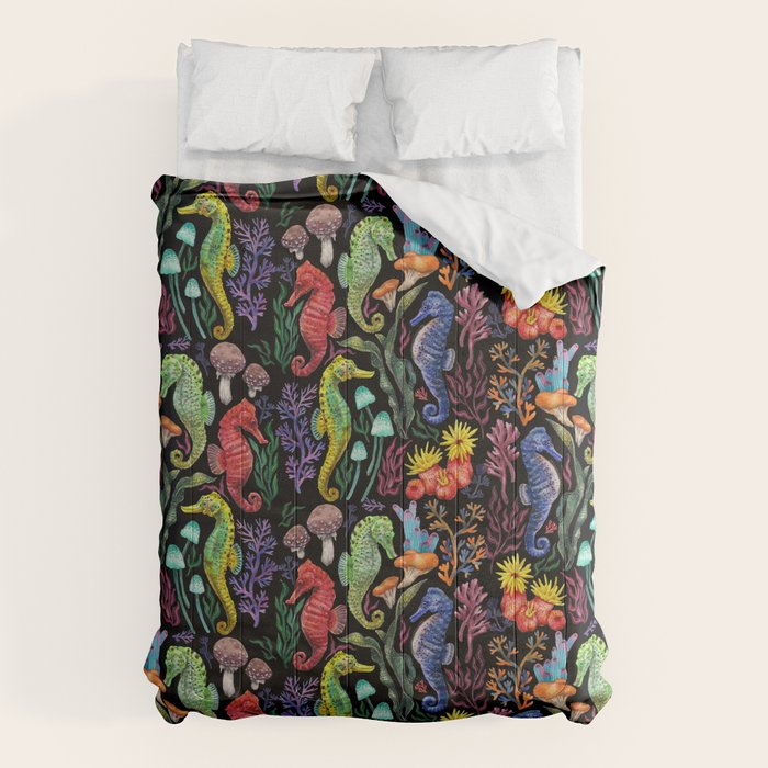 Undersea seahorsesï¼mushrooms and corals- black Comforter Gallery Image 6
