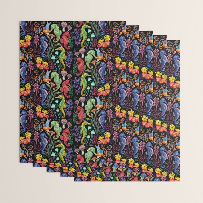 Undersea seahorsesï¼mushrooms and corals- black Wrapping Paper Gallery Image 3
