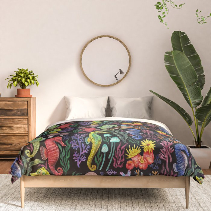 Undersea seahorsesï¼mushrooms and corals- black Comforter Gallery Image 3