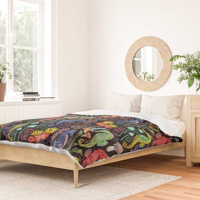 Undersea seahorsesï¼mushrooms and corals- black Duvet Cover Gallery Image 2