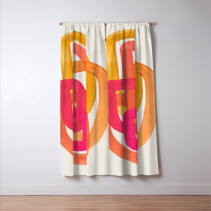 Funky Retro 70's Style Pattern Orange Pink Greindent Striped Circles Mid Century Colorful Pop Art Window Curtain Gallery Image 3