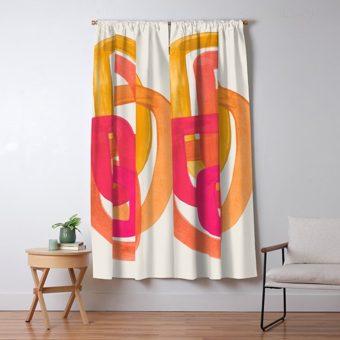 Funky Retro 70's Style Pattern Orange Pink Greindent Striped Circles Mid Century Colorful Pop Art Window Curtain Gallery Image 1